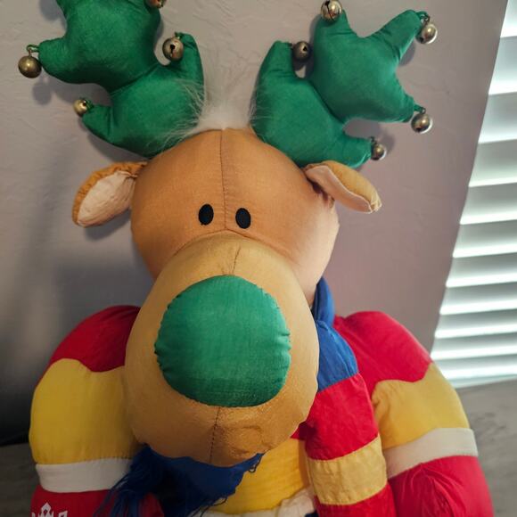 Vintage Reindeer Plush 90s Nylon Puffy 18" Holiday Christmas Toy Country Bells - Picture 2 of 13